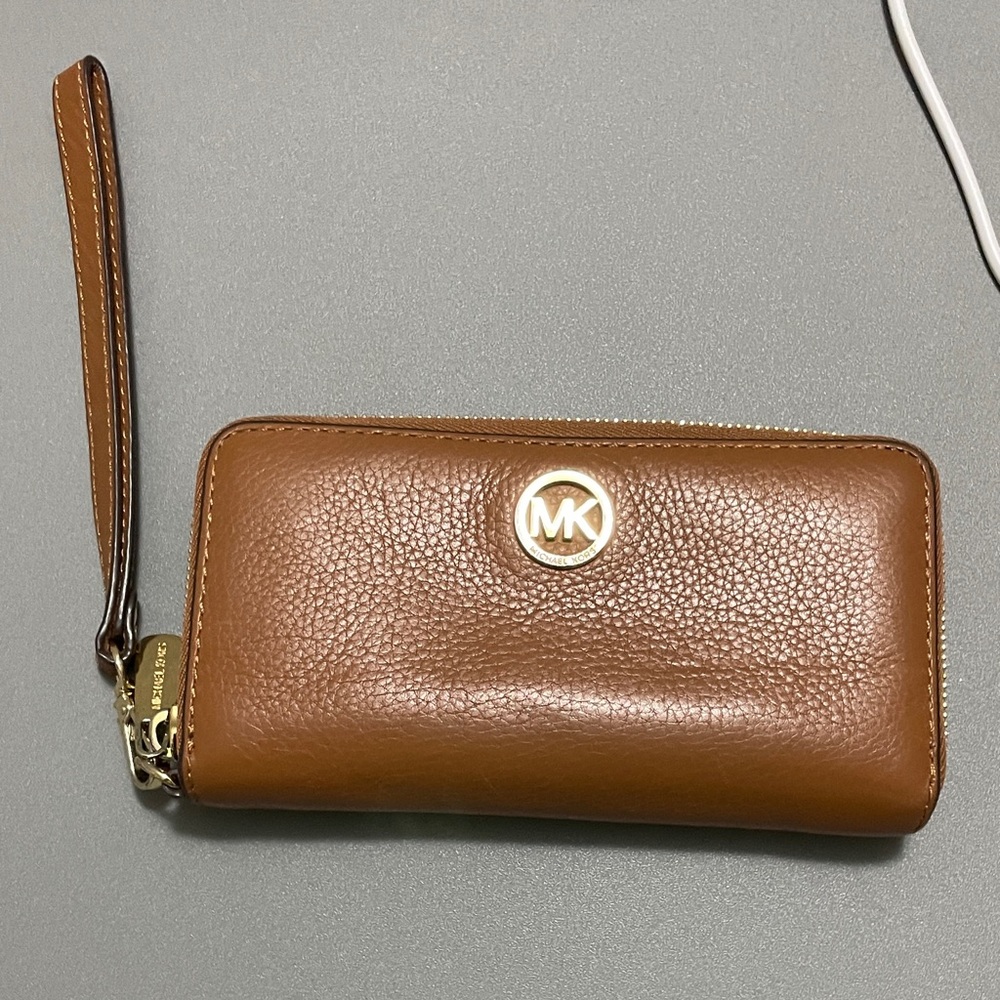Michael Kors Tan Leather Wristlet with Gold Accents